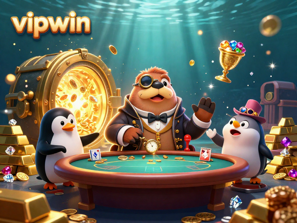 Experience thrilling poker action with vipwin featuring a jolly walrus and penguin dealer in a vibrant underwater setting