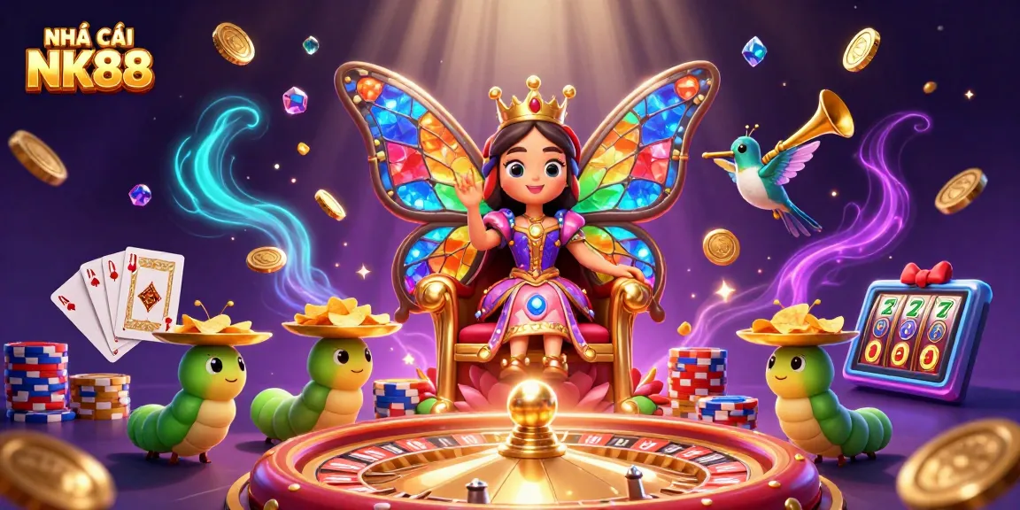 Experience NHÀ CÁI NK88 with a vibrant scene of a butterfly queen, casino elements, and joyful gaming adventure.