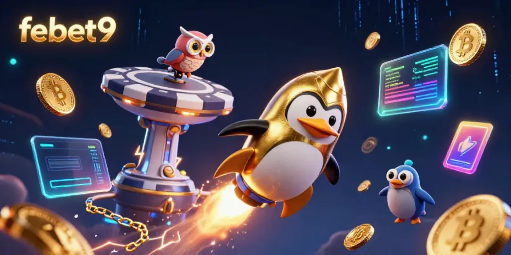Experience thrilling gameplay with febet9 as a golden penguin propels towards a majestic casino space station.