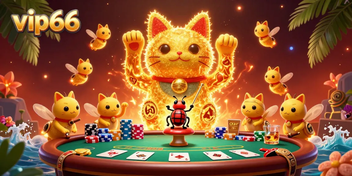 Engage with vip66 by enjoying vibrant casino visuals featuring a lucky cat and poker symbols.