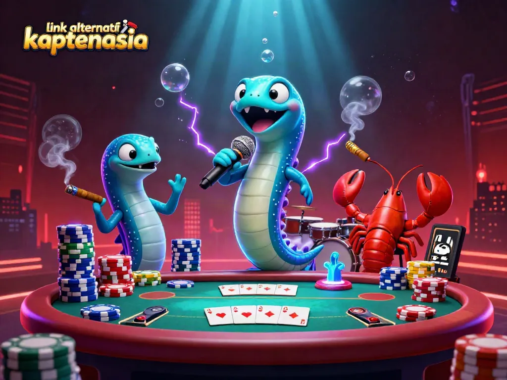 Ilustrasi 3D kasino bawah air yang menampilkan link alternatif kaptenasia, dengan ikan belut elektrik sebagai DJ.