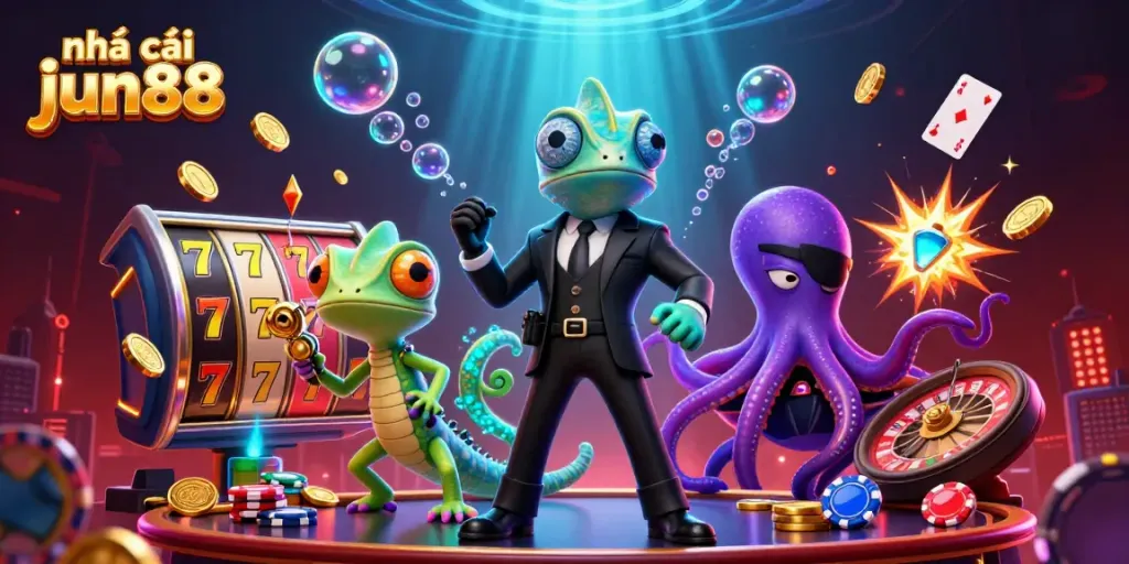 Immerse in the action with nhà cái jun88, featuring a secret agent chameleon and casino elements in a vibrant scene.