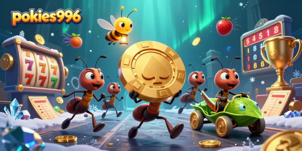 Experience pokies996 excitement as ants carry a massive golden poker chip through a vibrant casino tunnel.