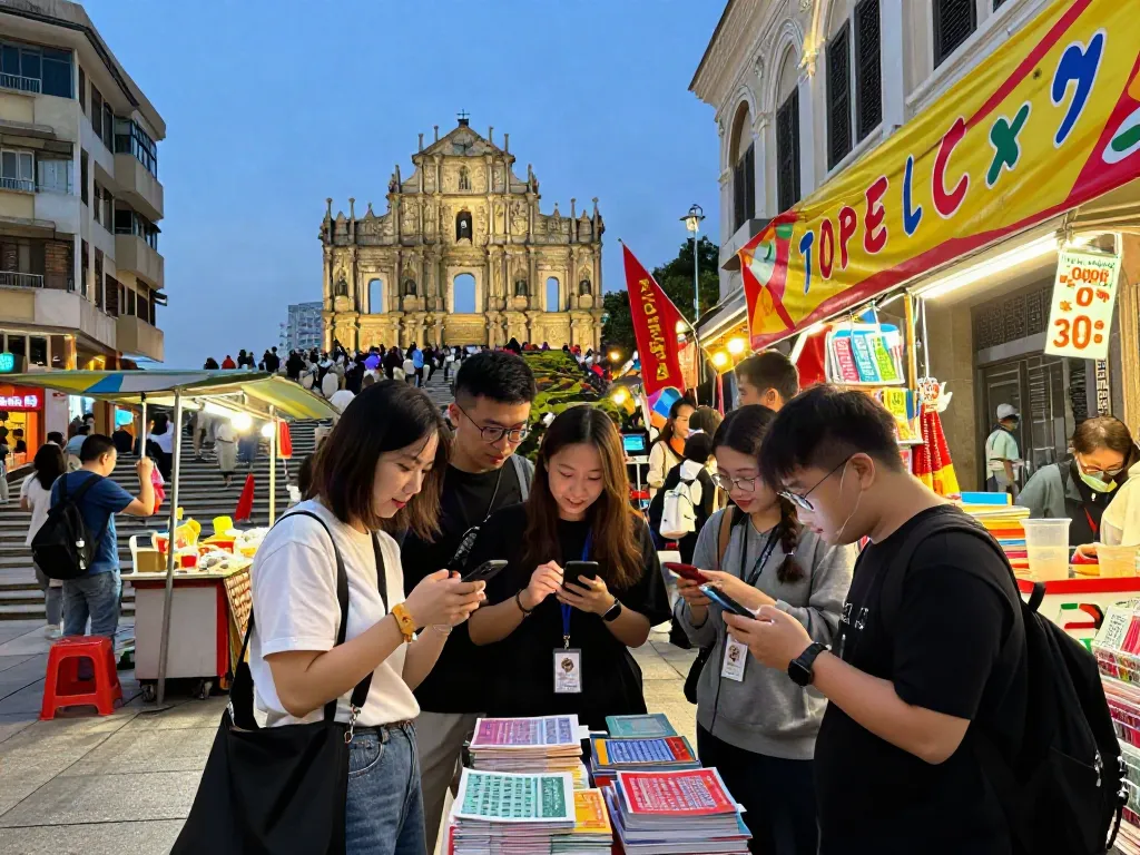 Diverse friends at a Togel market in Macau discussing predictions, reflecting the vibrant rajabandot community.