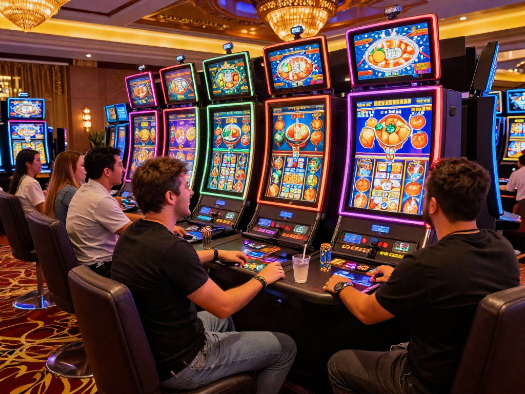 Pengunjung menikmati bandar slot online di kasino yang megah dan ramai.