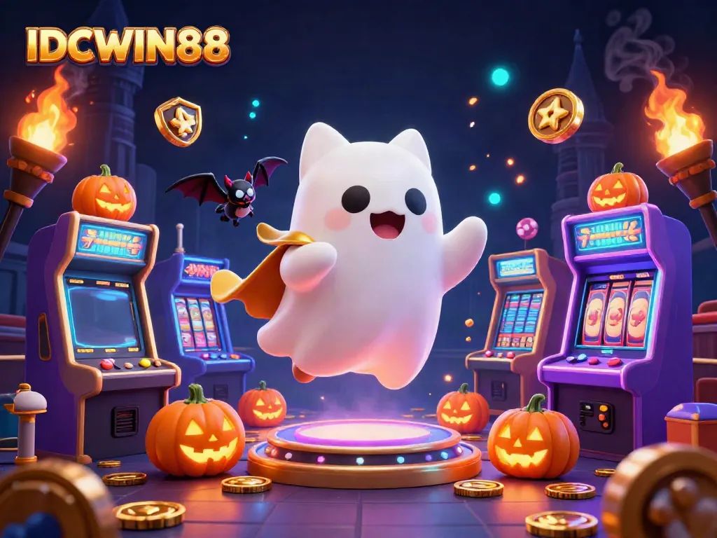 Play thrilling games at IDCWIN88 with a friendly ghost cat and a glowing casino backdrop.