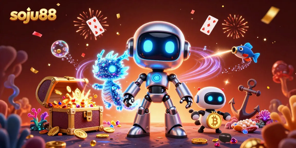 Experience vibrant gaming energy with soju88 as a 3D cartoon casino scene filled with treasures.