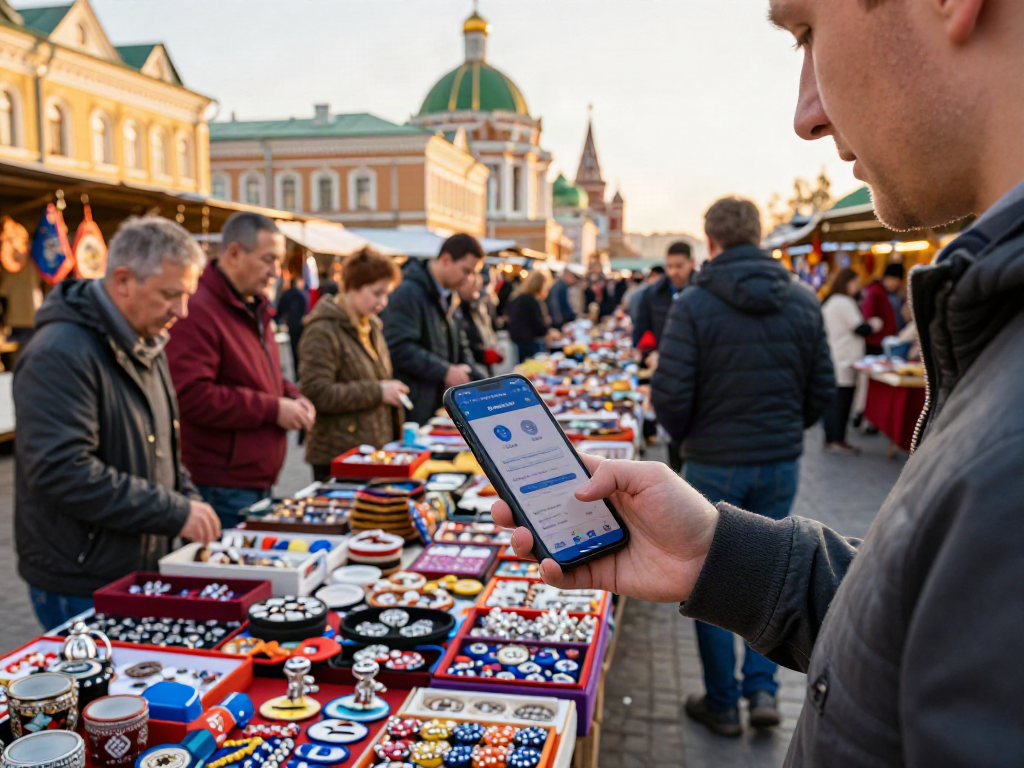 Pengunjung menggunakan aplikasi https://payinrussia.com/ untuk pembayaran di pasar Rusia yang ramai.