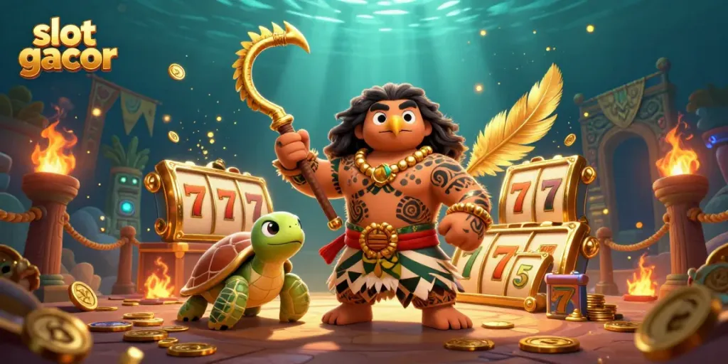 Ilustrasi slot gacor yang menggambarkan karakter 3D demi-god Polynesian dengan kura-kura lucu dan elemen kasino menakjubkan.