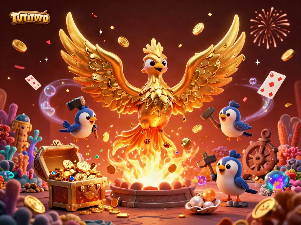 Experience thrilling wins with TUTITOTO's vibrant golden phoenix surrounded by treasure and immersive gameplay.