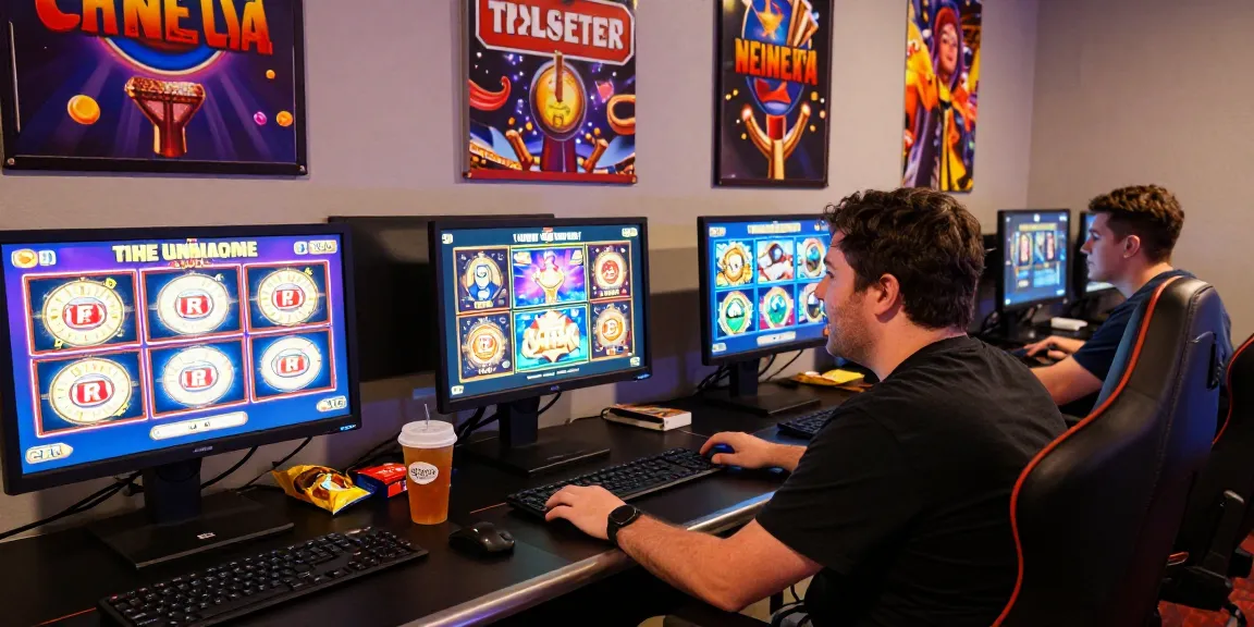 Pengalaman bermain slot online yang penuh warna dengan pemain di depan komputer
