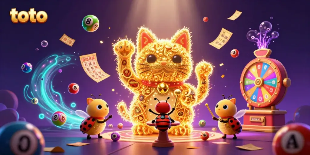 Menangkan permainan toto dengan simbol keberuntungan dan bola lotere berwarna-warni.
