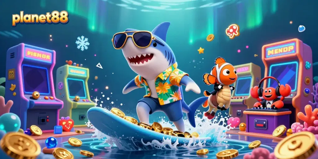 Experience thrilling gaming excitement at planet88 with a shark surfing on coins alongside vibrant gaming characters.