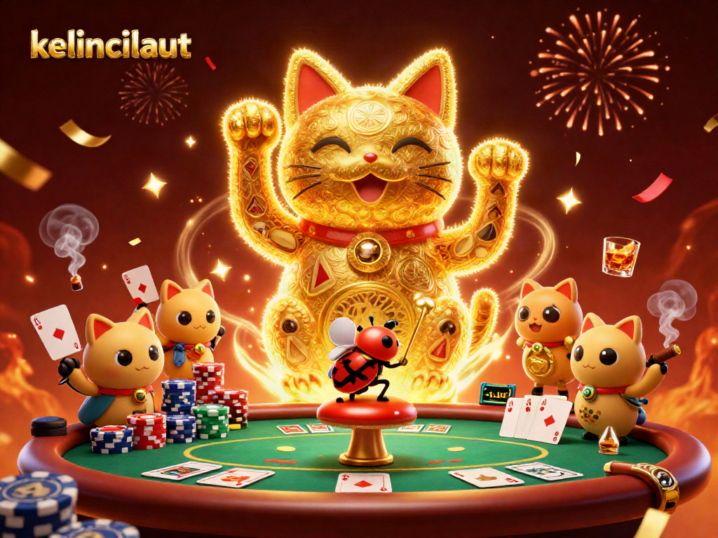 Engage with kelincilaut's vibrant casino artwork featuring a lucky cat, poker elements, and dynamic fireworks.