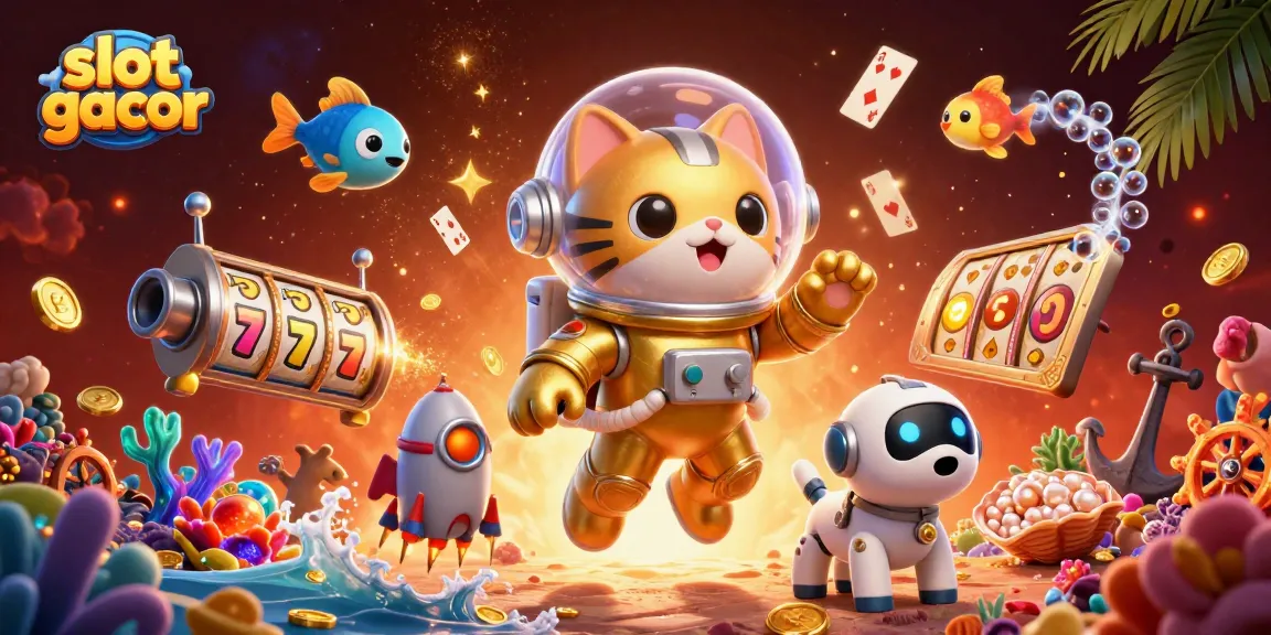 Experience thrilling slot gacor gameplay with a vibrant casino-themed space scene filled with treasure.
