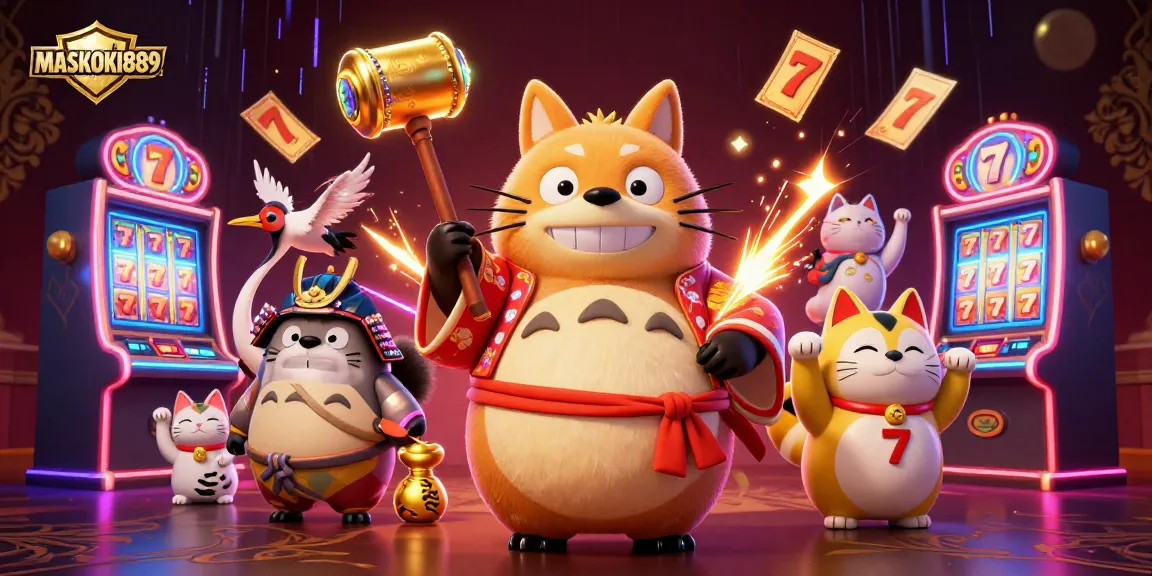 Spin the reels with MASKOKI889 as the cheerful tanuki and friends celebrate big wins in a vibrant casino scene.