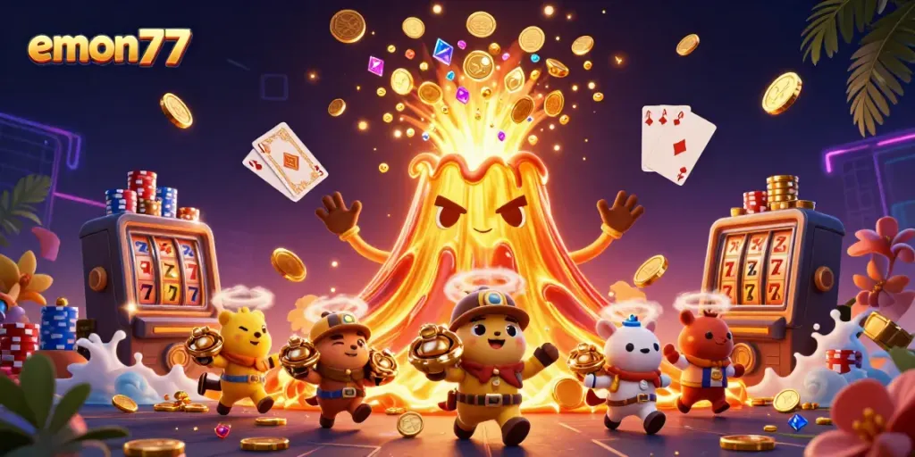 Capture winnings and excitement at emon77 with a lively illustration of a golden volcano erupting treasures.