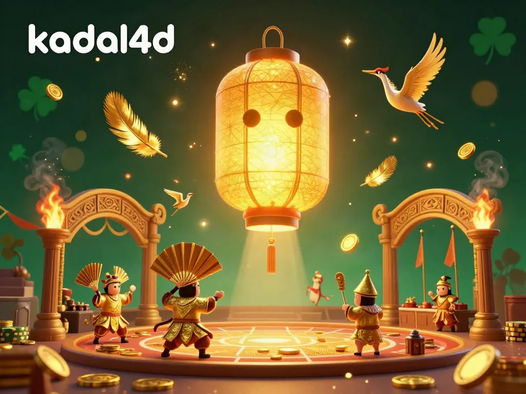Experience kadal4d's thrilling golden lantern spirit floating over an animated casino landscape, enhanced by vibrant elements and dynamic details.