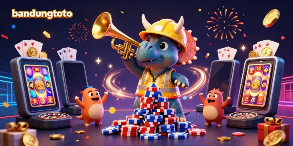 Experience excitement with bandungtoto as playful dinosaurs celebrate casino wins with colorful game visuals.