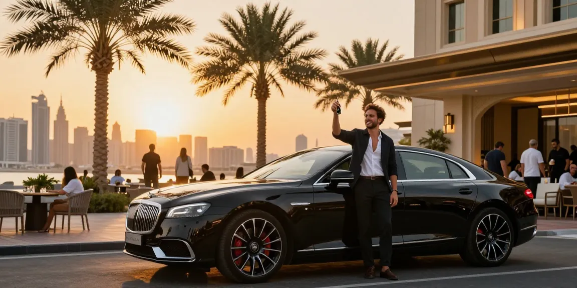 Mobil LUXURY 777 terparkir di bawah hotel mewah di Dubai dengan suasana santai dan elegan.