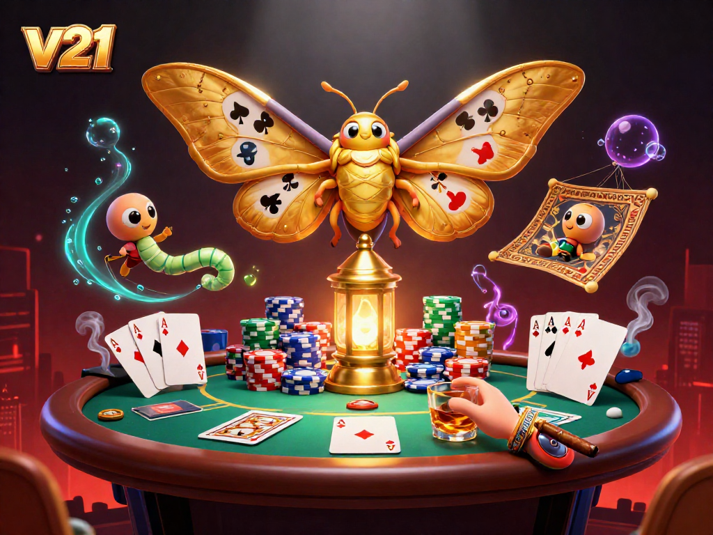 Memenangkan permainan dengan v21 di kasino bergaya. Ratu kupu-kupu dan meja poker menghadap ke suasana ceria.