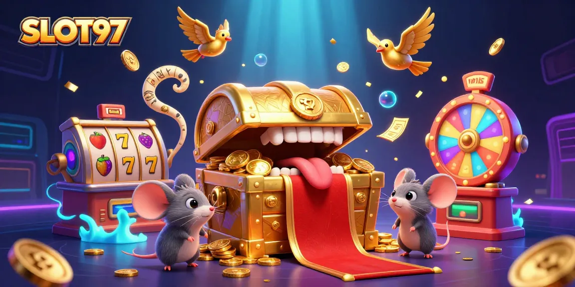 SLOT97 captures attention with a vibrant 3D illustration featuring slot reels, golden treasures, and dynamic game elements.