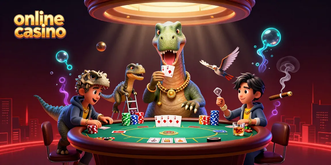 Engage in the excitement of an online casino with a whimsical 3D illustration of a brontosaurus and raptor