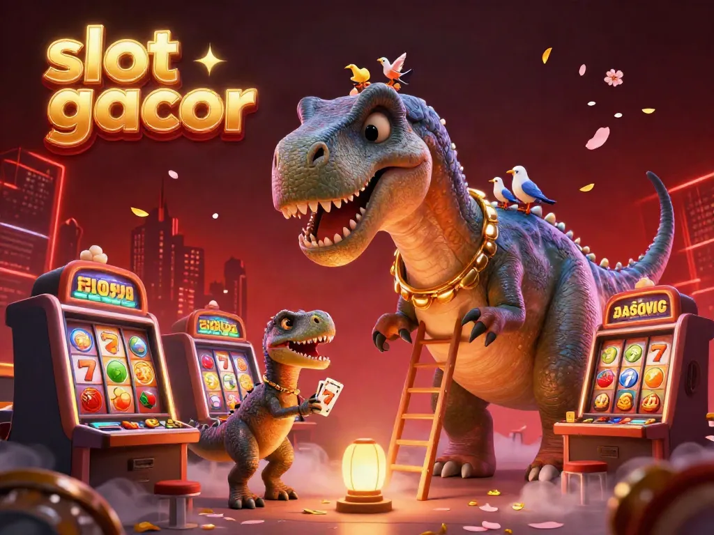 Experience the thrill of slot gacor gaming with a 3D brontosaurus overseeing dynamic slot machines in an animated casino.