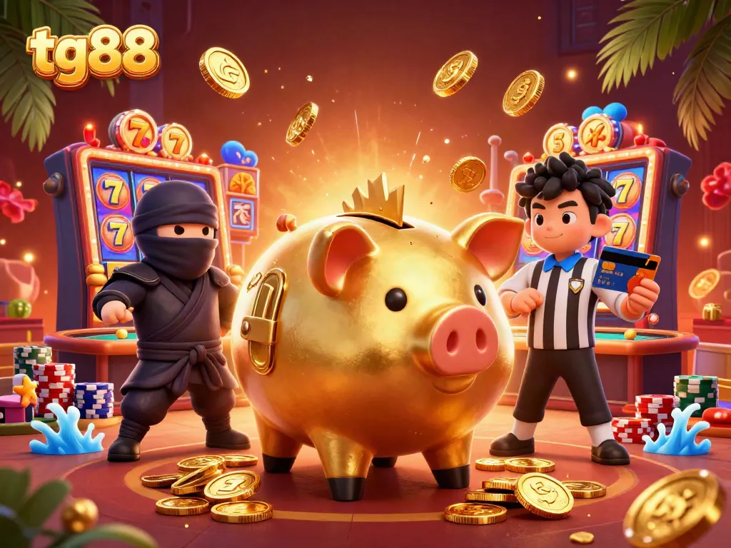 Experience thrilling gameplay with tg88 in a vibrant 3D casino scene featuring a piggy bank sumo wrestler.