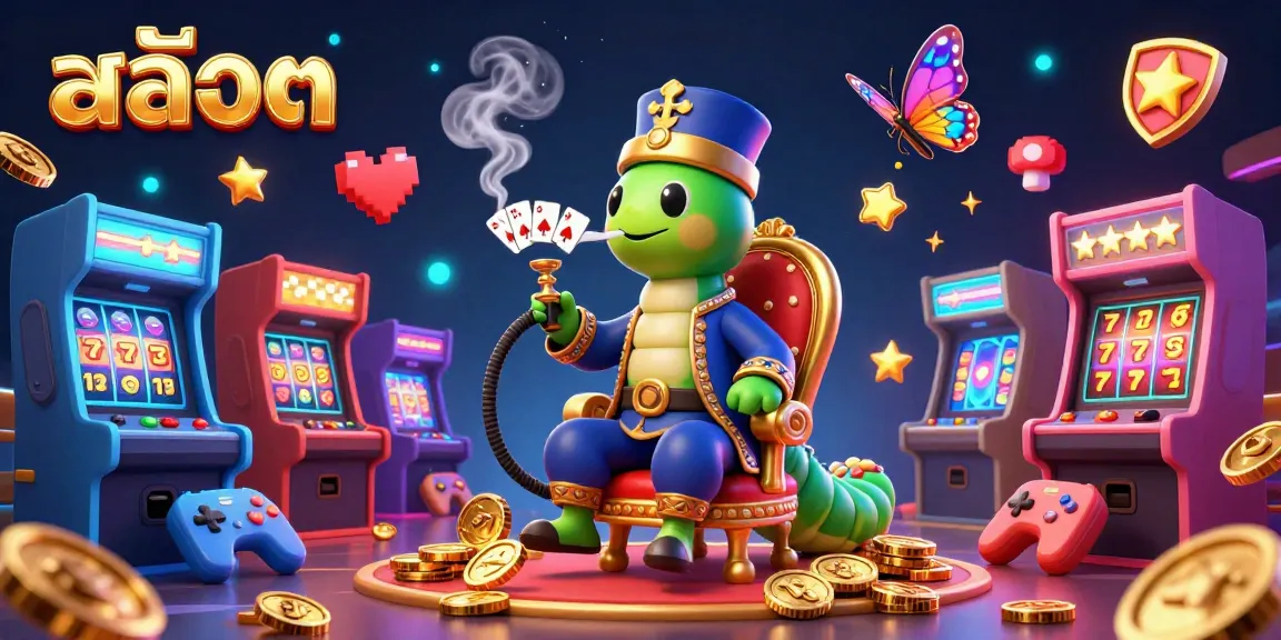 Experience the thrill of สล็อต with an animated caterpillar master in a vibrant casino, surrounded by colorful games and enriching details.