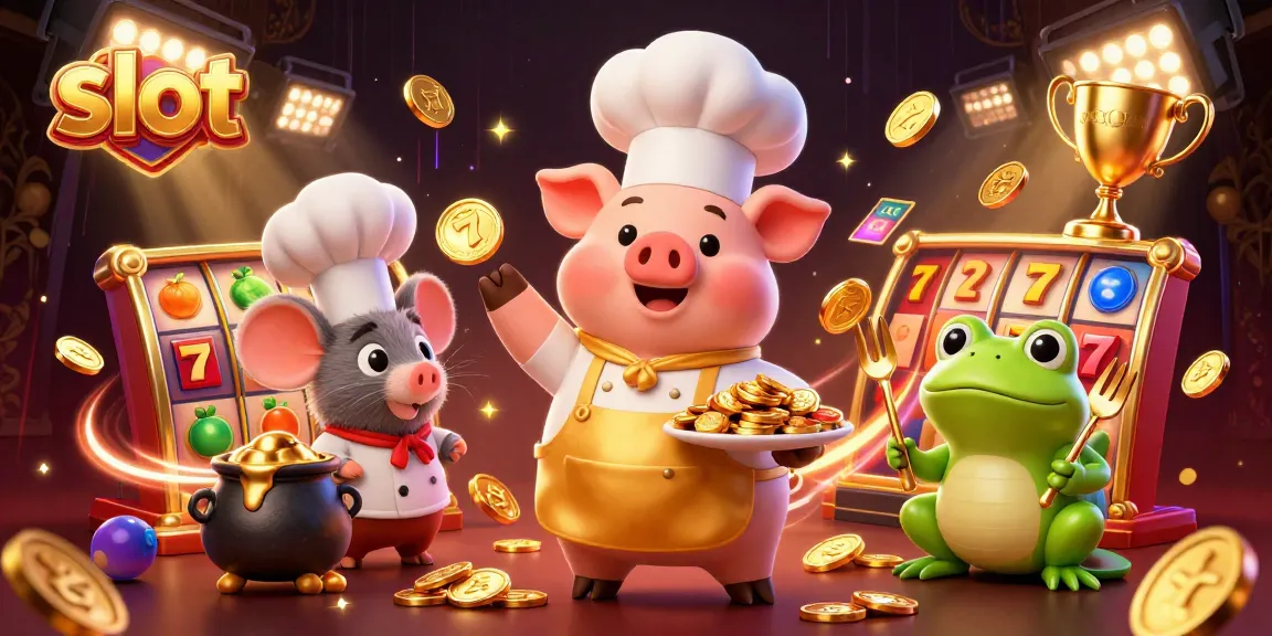 Experience thrilling slot games with a lively chef pig serving gold coins and engaging characters.
