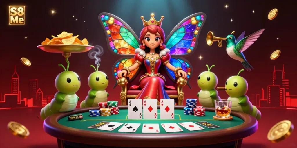 Experience thrilling gameplay with S8 Me, featuring a dazzling butterfly queen and vibrant poker elements.