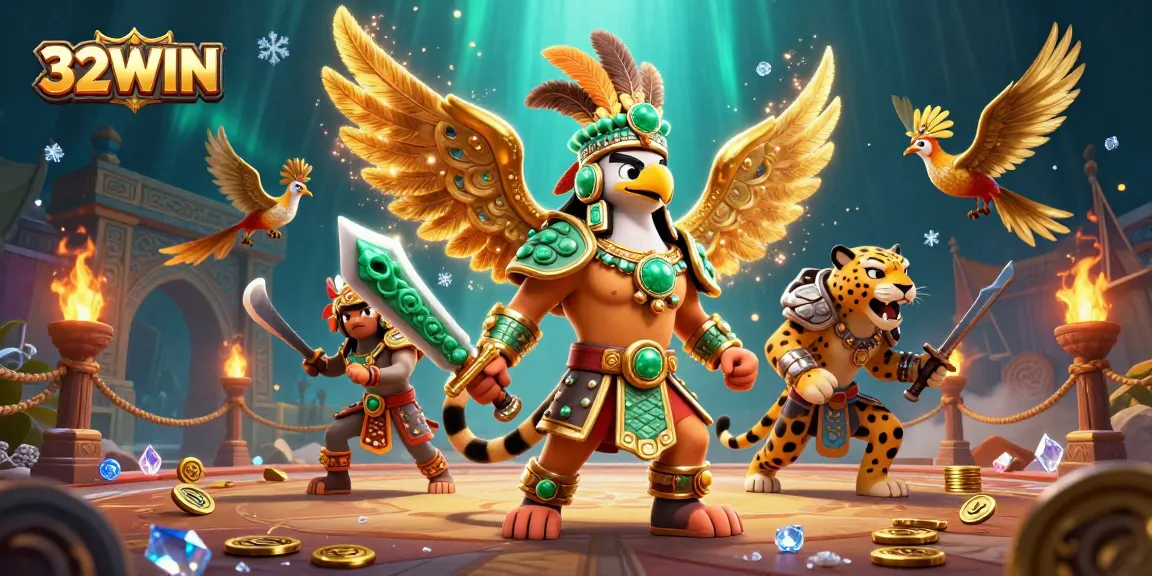 Engage in thrilling gambling action at 32WIN with epic Aztec warriors and intricate casino elements.