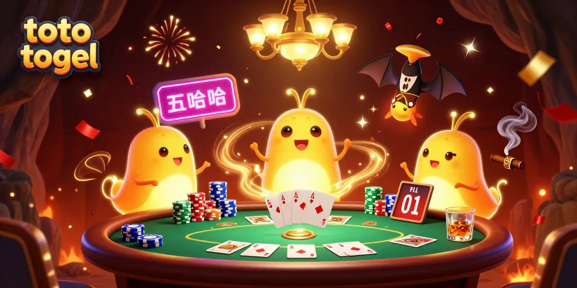 Menikmati permainan toto togel dalam ilustrasi kasino berkilauan dengan karakter lucu dan atmosfer meriah.