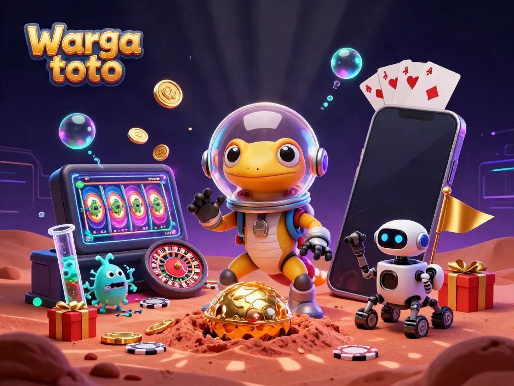 Menggali kesenangan dengan Warga toto di kasino emas di Mars, dikelilingi simbol permainan.