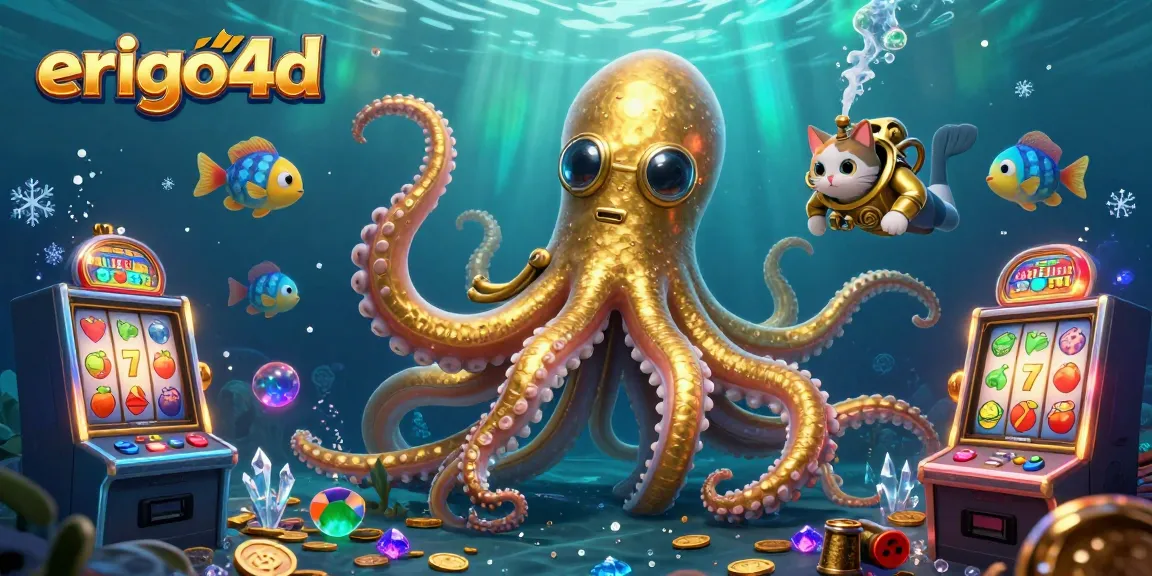 Engage with erigo4d as a kraken and diving cat play amidst colorful slot machines and treasure.