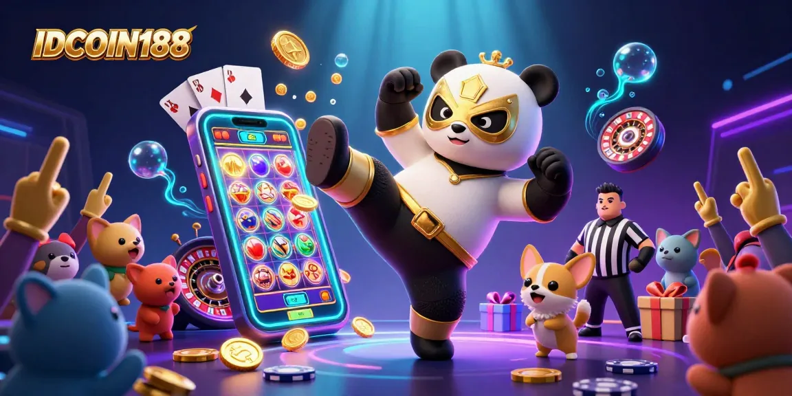 IDCOIN188 engages players with a panda wrestler flying kick amidst slot games and animated excitement.