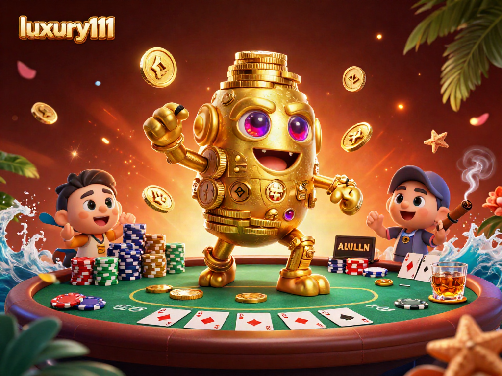 Experience luxury111 as the golden golem spins on a vibrant poker table full of chips.
