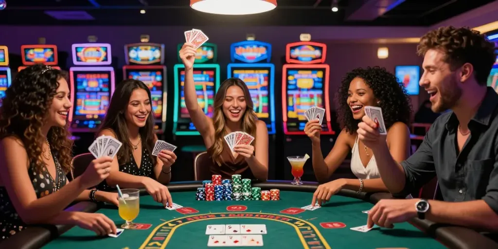 Suasana permainan situs gacor dengan suasana kasino, teman-teman merayakan kemenangan di meja blackjack.