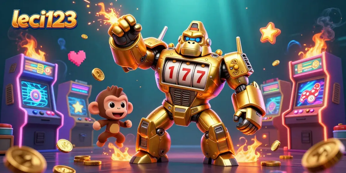 Engage with leci123's vibrant online gaming experience featuring a golden gorilla mech amidst casino elements.