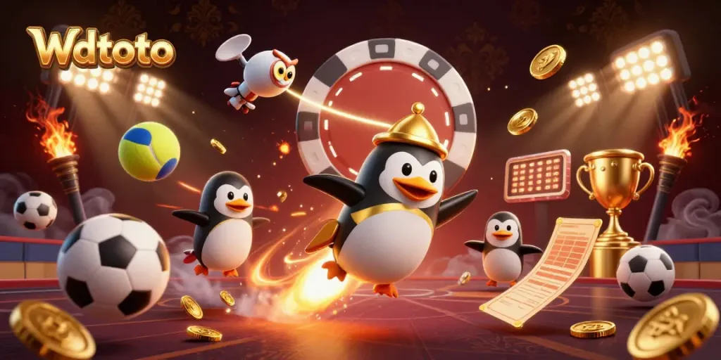 Wdtoto menampilkan penguin emas berpeluncur roket di kasino luar angkasa dengan koin emas berkilau.