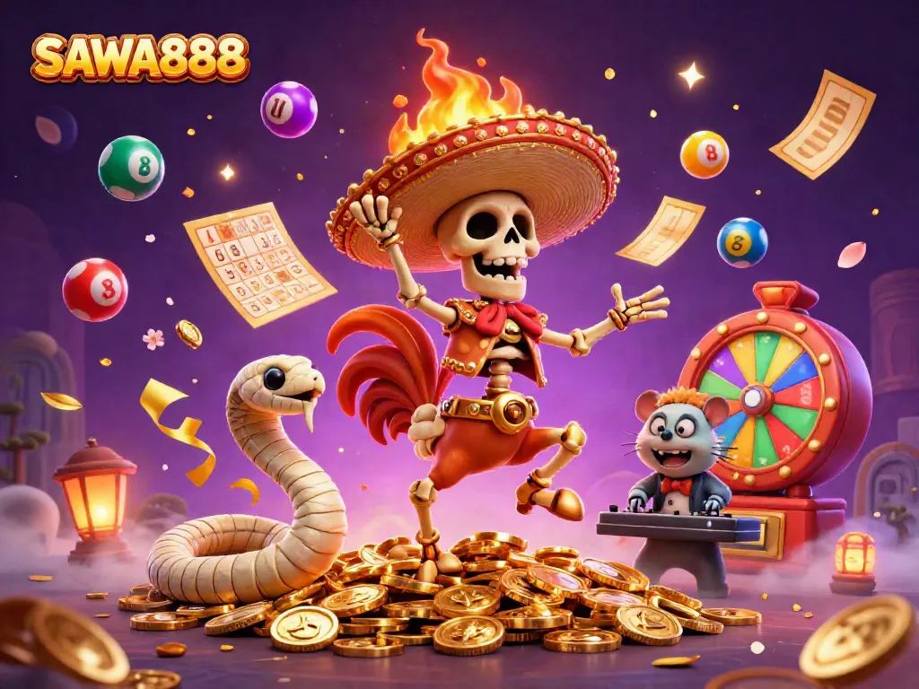 Experience the excitement of winning at SAWA888 with vibrant casino scenes filled with energy and dynamic characters.