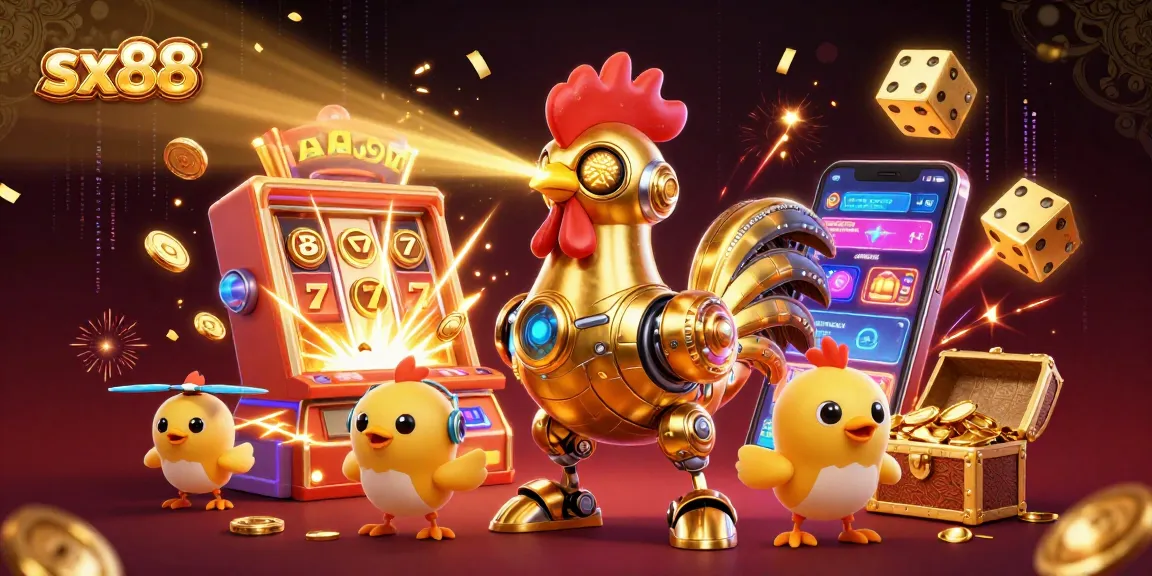 SX88 game's thrilling slot machine scene with a futuristic golden rooster robot, capturing action and excitement.