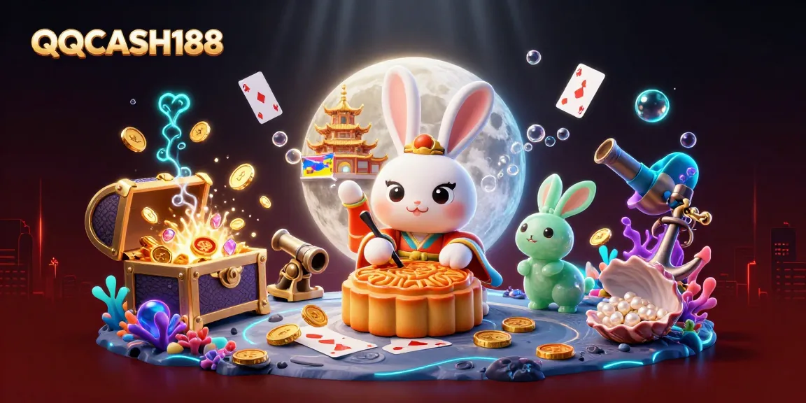 Engage with QQCASH188's lunar-themed casino adventure filled with poker chips.