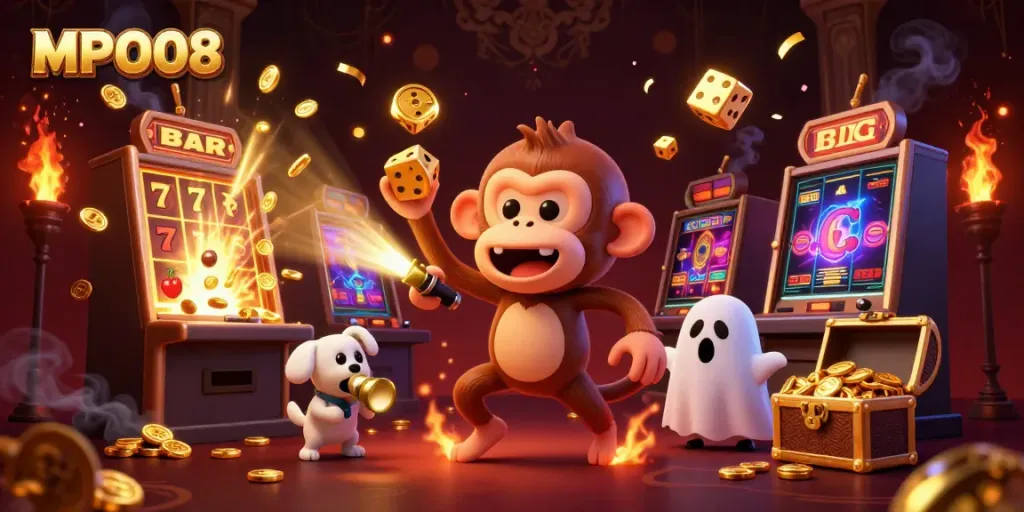 MPO08 showcases a playful poltergeist monkey juggling gold in a vibrant casino setting.