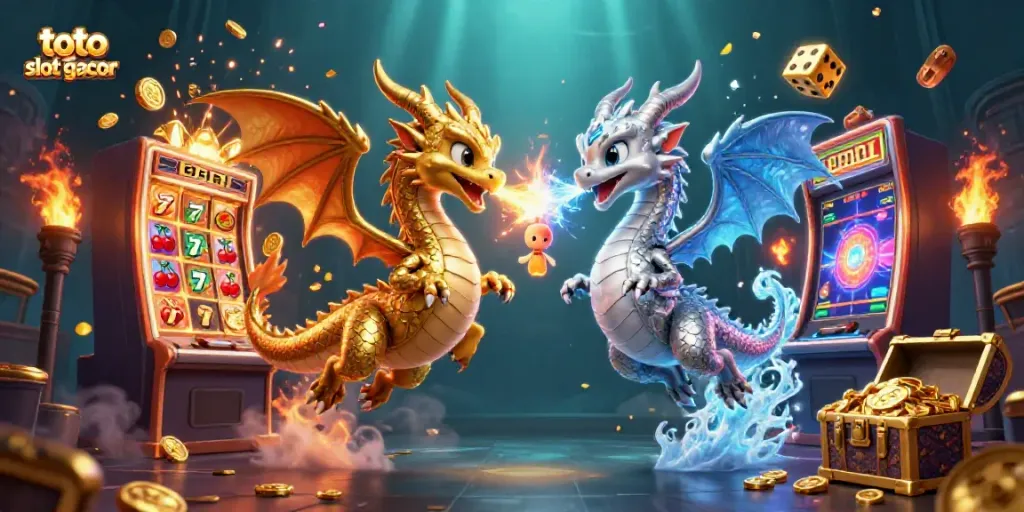 Gambarkan pengalaman bermain toto slot gacor dengan naga terbang, mesin slot, dan harta karun yang mengagumkan