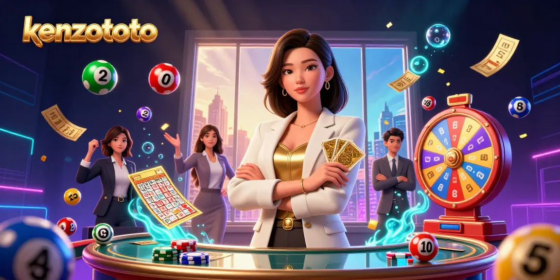 Experience the excitement of kenzototo with a glamorous woman holding golden cards amid vivid lottery elements.