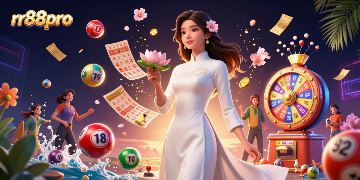 Engaging rr88pro online casino illustration showcasing a serene Asian woman surrounded by vibrant lottery elements.
