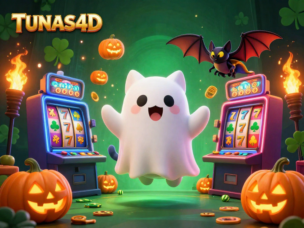 TUNAS4D offers an enchanting experience in a vibrant online casino with its playful ghost cat and glowing slot machines.