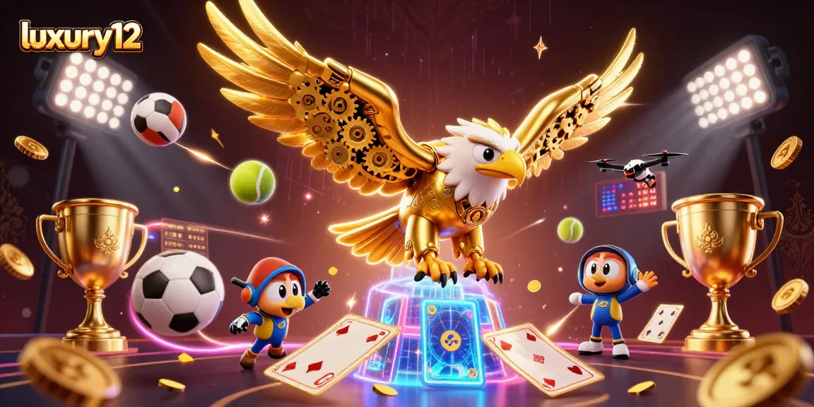 Experience luxury12 betting with a cartoon eagle soaring through a vibrant casino scene action.